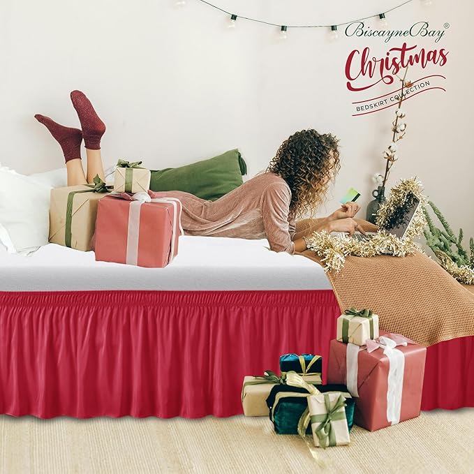 Biscaynebay Wrap Around Bed Skirts for Queen Beds with Short Drop of 12", Red Adjustable Elastic Dust Ruffles Easy Fit Wrinkle Resistant Silky Luxurious Fabric Machine Washable