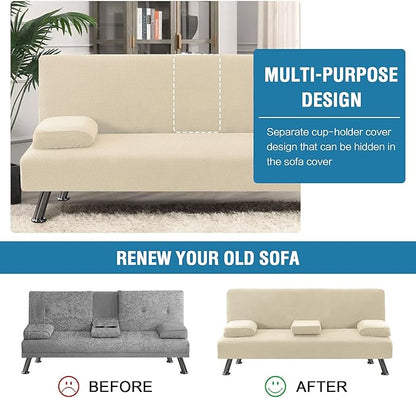H.VERSAILTEX 4 Pieces Stretch Futon Covers Sofa Bed Slipcover with Removable Armrests and Cupholders Covers Furniture Protector High Spandex Small Checks Jacquard Fabric, Natural