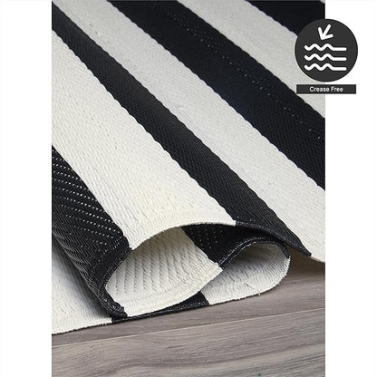 FH Home Outdoor Rug - Waterproof, Fade Resistant, Reversible - Premium Recycled Plastic - Striped - Large Patio, Deck, Sunroom, Camping, RV - Brittany Stripe - Black & White Crease Free - 5 x 8 ft