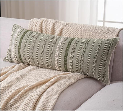 Boho Lumbar Pillow Covers 14x36 Long, Farmhouse Decorative Couch Pillow Cases, Green Accent Pillows of Bed, Sofa Bedroom Living Room Home Decor Cushion Cover, Pack of 1