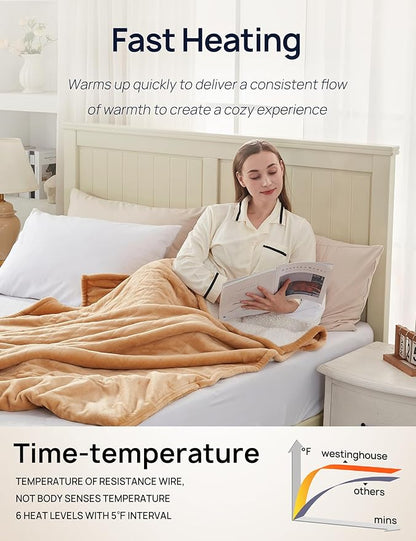 Westinghouse Electric Blanket with Foot Pocket for Adults, Ultra Soft Flannel to Sherpa Heated Throw with 6 Heating Levels & 2-10 Hours Time Settings, Fast Heating & Machine Washable, 50x62, Brown