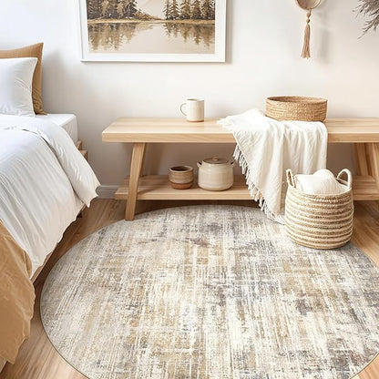 6ft Round Area Rug for Living Room: 6x6 Washable Neutral Abstract Modern Soft Rugs Non Slip Indoor Floor Stain Resistant Carpet for Bedroom Dining Room Office Nursery - Golden Brown