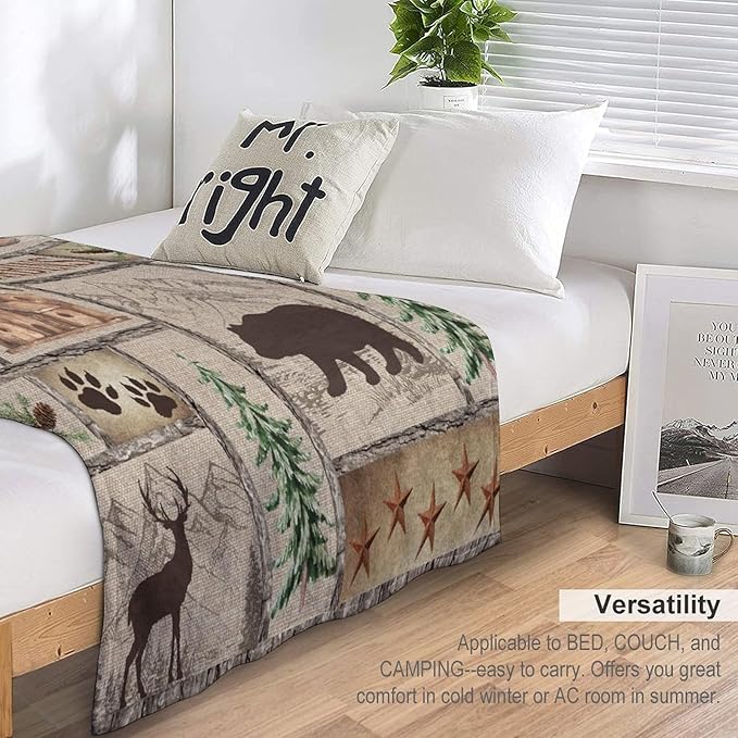 Rustic Cabin Bear Blanket, Lake Country Lodge Bear Deer Forest Farmhouse Camp Print Soft Warm Cozy Lightweight Decorative Blanket for Couch Bed Sofa Travel, 40"x50"