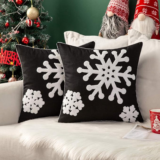MIULEE Pack of 2 Christmas Decorative Snowflake Throw Pillow Covers Canvas Embroidery Winter Cushion Cases Holiday Decor Soft Pillowcases for Winter Couch Sofa Bedroom Car（Black, 16x16in）