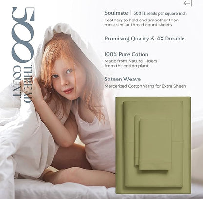 Mayfair Linen 500 Thread Count California King Cotton Sheets - 4 PC Cal King Size Bed Sheet Set Cotton (Sage Green), Soft, Cooling, Sateen 16" Deep Pocket Bedsheet for Hot Sleepers (Fits 18" Mattress)