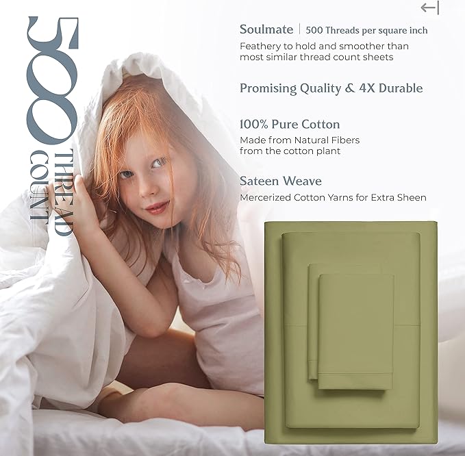 Mayfair Linen 500 Thread Count Twin XL Cotton Sheets - 3 PC Twin XL Size Bed Sheet Set Cotton (Sage Green), Soft, Cooling, Sateen Weave Hotel-Quality 16" Deep Pocket Bedsheet (Fits 18" Mattress)