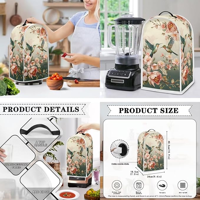 Hummingbirds Kitchen Appliance Dust Cover Set - Vintage Flower Toaster and Blender Cover, Bread Maker Protection Case - Kitchen Accessories-S