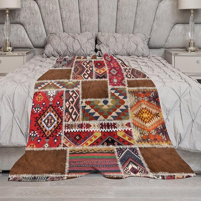 Southwest Aztec Throw Blanket, Native Bohemian Retro Patchwork Traditional Geometric Soft Flannel Blanket Warm Blankets for All Seasons, Bed Couch Sofa 30"x40"