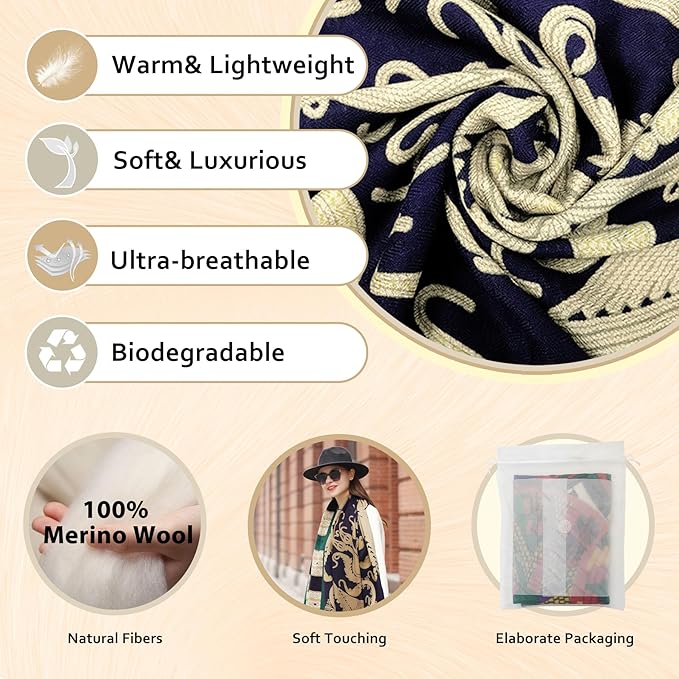 DANA XU 100% Merino Wool Pashmina Shawl for Women 96"x43", Oversized Cashmere Wrap with Tassels, Floral Travel Blanket Cape