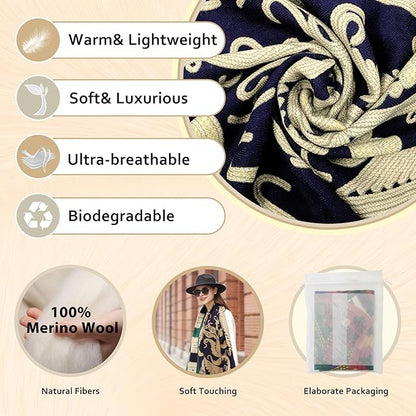 DANA XU 100% Merino Wool Pashmina Shawl for Women 96"x43", Oversized Cashmere Wrap with Tassels, Floral Travel Blanket Cape
