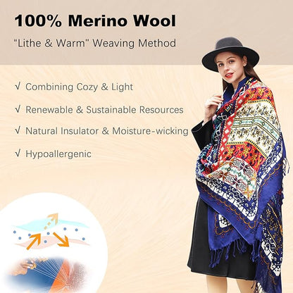 DANA XU 100% Merino Wool Pashmina Shawl for Women 96"x43", Oversized Cashmere Wrap with Tassels, Floral Travel Blanket Cape