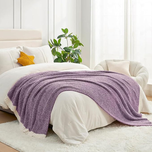 Snuggle Sac Purple Reversible Super Soft Blanket Twin Size for Bed and Sofa, Warm Cozy Knit Blankets Fuzzy Plush, Heather Purple, 60x80 inches