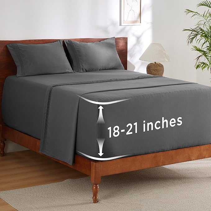 Bedsure Deep Pocket King Sheet Set - Fits Mattresses Up to 21 Inches Thick - 4 Piece GentleSoft Bed Sheets, Moisture Wicking, Soft & Cooling Bedsheet & Pillowcases, Easy & Secure Fit, Dark Grey