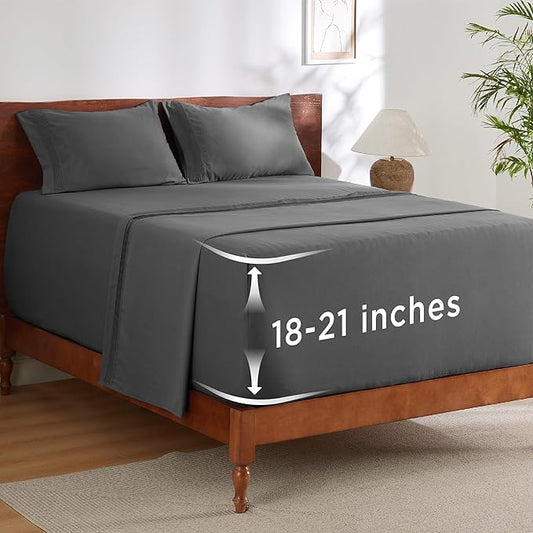 Bedsure Deep Pocket King Sheet Set - Fits Mattresses Up to 21 Inches Thick - 4 Piece GentleSoft Bed Sheets, Moisture Wicking, Soft & Cooling Bedsheet & Pillowcases, Easy & Secure Fit, Dark Grey