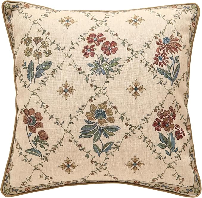 patdrea Designer Throw Pillow Covers,Square Euro Retro Style Light Brown Linen with Floral Pattern Pillow Cover,Decorative Pillowcases Cushion for Bed Living Room Outdoor Car,18"x18"