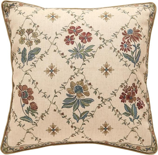 patdrea Designer Throw Pillow Covers,Square Euro Retro Style Light Brown Linen with Floral Pattern Pillow Cover,Decorative Pillowcases Cushion for Bed Living Room Outdoor Car,18"x18"