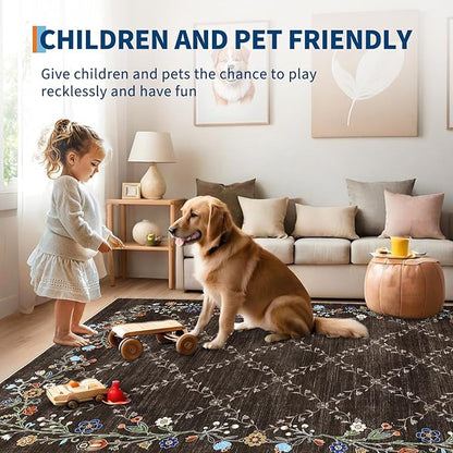 GarveeHome 2x6 Washable Floral Runner Rugs for Hallway: Modern Floral Non Slip Large Runner Rugs for Kitchen, Large Machine Washable Hallways Low Pile Carpet with Non-Slip Backing Brown 2 ft x6 ft.