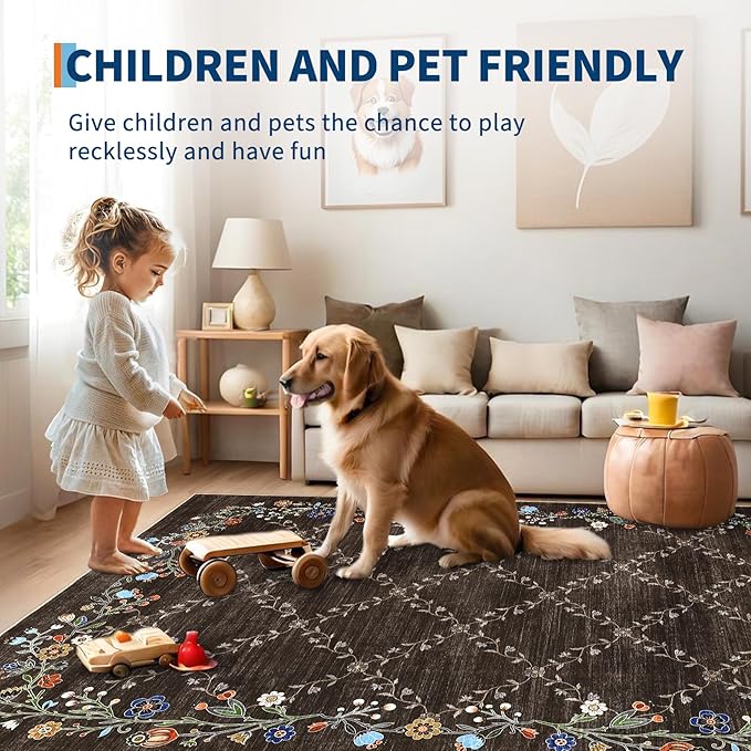 GarveeHome 10x13 Washable Floral Area Rugs for Living Room: Modern Floral Non Slip Large Area Rugs for Bedroom, Large Machine Washable Living Room Low Pile Carpet with Non-Slip Backing Brown 10'x13'.