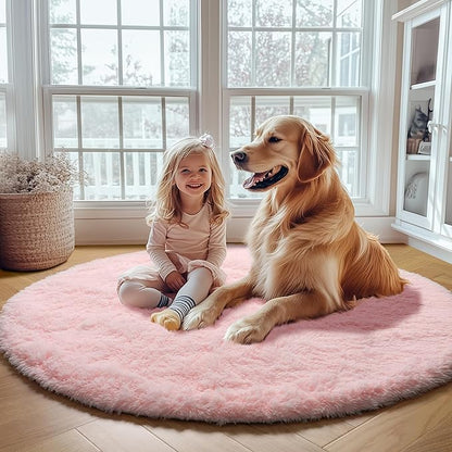 ONASAR Light Pink Round Area Rugs 2ft for Bedroom Living Room, Fluffy Cat Dog Bed Mat, Washable Circle Rug for Kids Girls Boys Teen, Soft Plush Shaggy Carpet for Nursery Dorm Home Decor Aesthetic