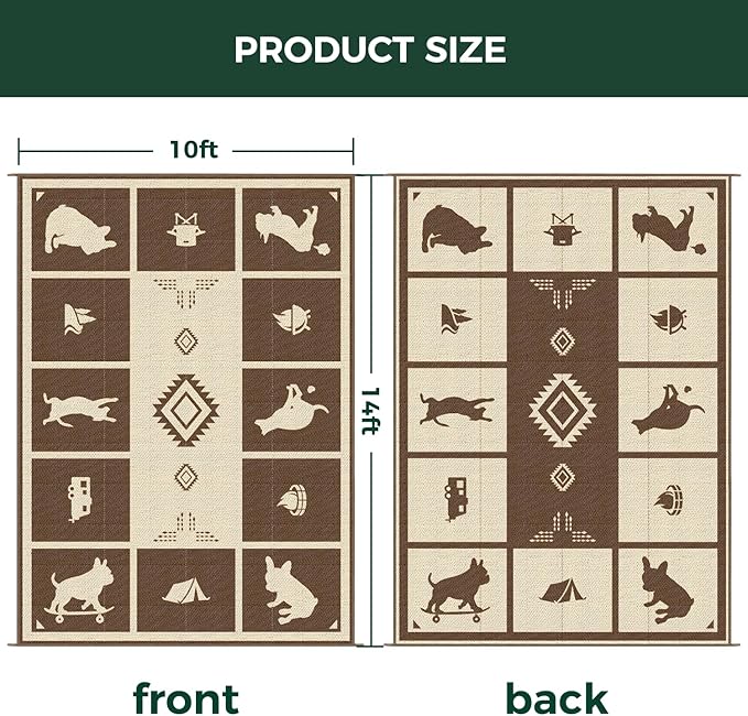FXW Camping Rug, 10' x 14' Large Waterproof Portable RV Mat, Easy-to-Clean Straw Plastic Mat for Outdoor, Patio, Backyard, Deck, Picnic, Beach, Trailer, Brown & Beige