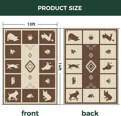 FXW Camping Rug, 10' x 14' Large Waterproof Portable RV Mat, Easy-to-Clean Straw Plastic Mat for Outdoor, Patio, Backyard, Deck, Picnic, Beach, Trailer, Brown & Beige