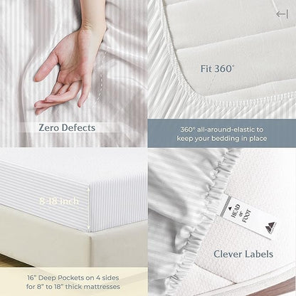 Mayfair Linen 100% Cotton Striped Sheets Split King Size Bed Set - 500 Thread Count Damask Split King Sheets for Adjustable Bed, 5 PC Set (White Stripe), Cooling, Sateen 16" Deep Pocket Bedsheet