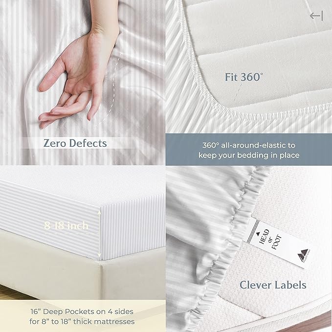 Mayfair Linen 100% Cotton Striped Sheets Twin Size Bed Set - 500 Thread Count Damask Sheets Twin Size 3 PC Set (White Stripe), Soft, Cooling, Sateen Weave Hotel-Quality 16" Deep Pocket Cotton Bedsheet