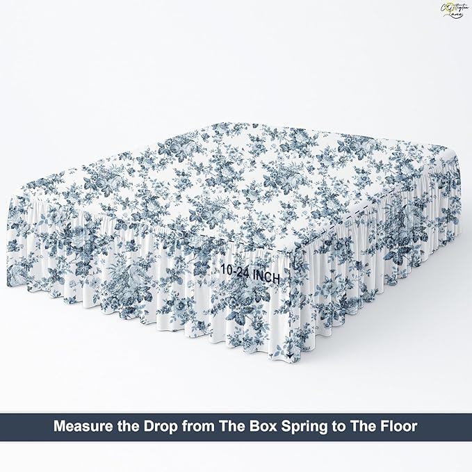 Cottington Lane Ruffled Bed Skirt Full Size with Split Corner, Brushed Microfiber Hotel Quality Dust Ruffle, 14 Inch Drop Gathered Bedskirt, Soft, Stylish, Shrink & Fade Resistant, Blue Floral Bliss