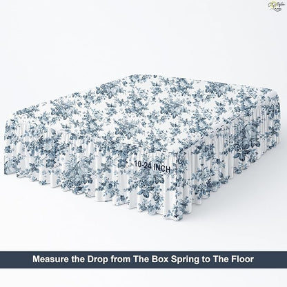 Cottington Lane Ruffled Bed Skirt Full Size with Split Corner, Brushed Microfiber Hotel Quality Dust Ruffle, 12 Inch Drop Gathered Bedskirt, Soft, Stylish, Shrink & Fade Resistant, Blue Floral Bliss