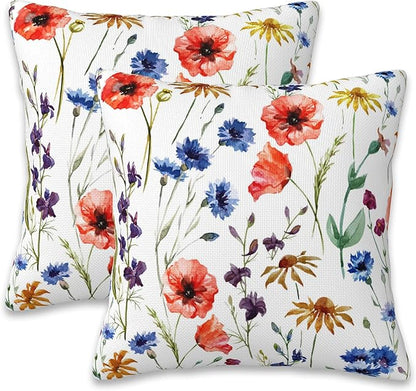 Wildflowers Throw Pillow Covers Set of 2 Watercolor Poppy Pillow Covers 16x16 Inch Modern Farmhouse Home Decorative Pillow Cases Cushion Cover for Sofa Living Room Office