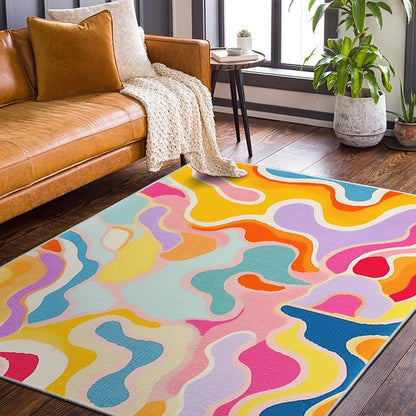 9CH Colorful Abstract Area Rug 7' X 5' 70s Aesthetic Colorful Striped Washable Faux Wool Rugs Non Slip Soft Cute Nursery Carpet for Girls Bedroom Dorm