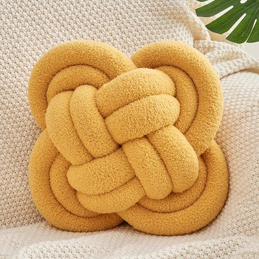 Xiashrk Knot Pillow Ball, 12" Soft Decorative Throw Pillows for Couch Bed, Dark Yellow Knotted Plush Throw Pillow Handmade Square Cushion Home Couch Decor Pillows for Living Room