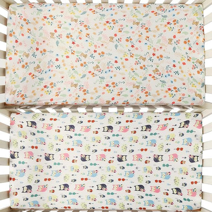 Onacosht Pack n Play Fitted Sheets for Baby Girl 2 Pack Set Soft Jersey Knit Sheets for Mini Crib Mattress and Playard Mattress, Rabbit Floral and Owl Printing