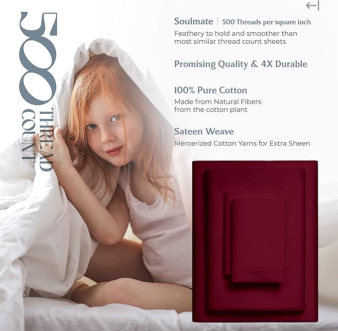 Mayfair Linen 500 Thread Count Twin XL Cotton Sheets - 3 PC Twin XL Size Bed Sheet Set Cotton (Burgundy), Cooling, Sateen Hotel-Quality 16" Deep Pocket Bedsheet for Hot Sleepers (Fits 18" Mattress)