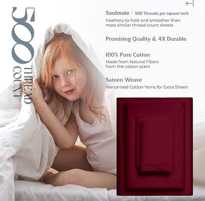 Mayfair Linen 500 Thread Count Twin XL Cotton Sheets - 3 PC Twin XL Size Bed Sheet Set Cotton (Burgundy), Cooling, Sateen Hotel-Quality 16" Deep Pocket Bedsheet for Hot Sleepers (Fits 18" Mattress)