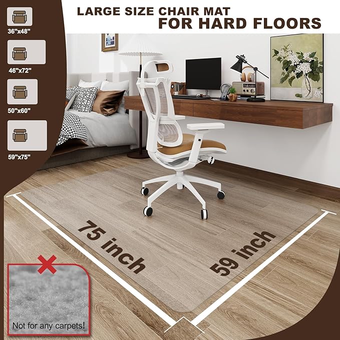 Clear Office Chair Mat, 50"x 60" No Slip Vinyl Desk Chair Mat for Hard Floors, 2mm Thick Heavy-Duty Computer Floor Mat, Waterproof Rolling Chair Floor Protector for Home Office