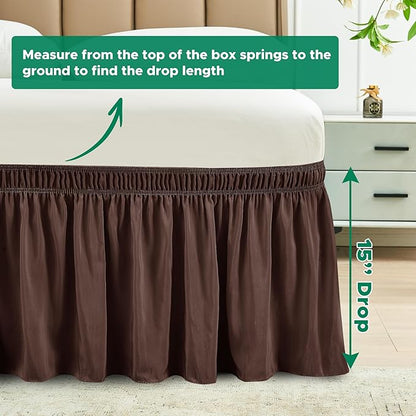 Biscaynebay Wrap Around Bed Skirts for King & Cal King Beds 15" Drop, Brown Adjustable Elastic Dust Ruffles Easy Fit Wrinkle & Fade Resistant Silky Luxurious Fabric Machine Washable
