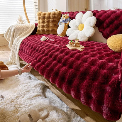 Christmas Faux Fur Couch Cover Fuzzy Soft Plush Thick Bubble Sofa Cover Luxury Sectional Couch Covers Luxury Anti-Slip Sofa Slipcover Washable Furniture Protector (Wine Red,28"x59")