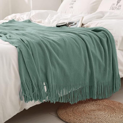 Homiest Decorative Knitted Throw Blanket with Fringe, Lightweight Acrylic Knit, Soft & Cozy Tassel Blanket for Couch, Sofa, Bed (Sage Green, 50 x 60 Inch)