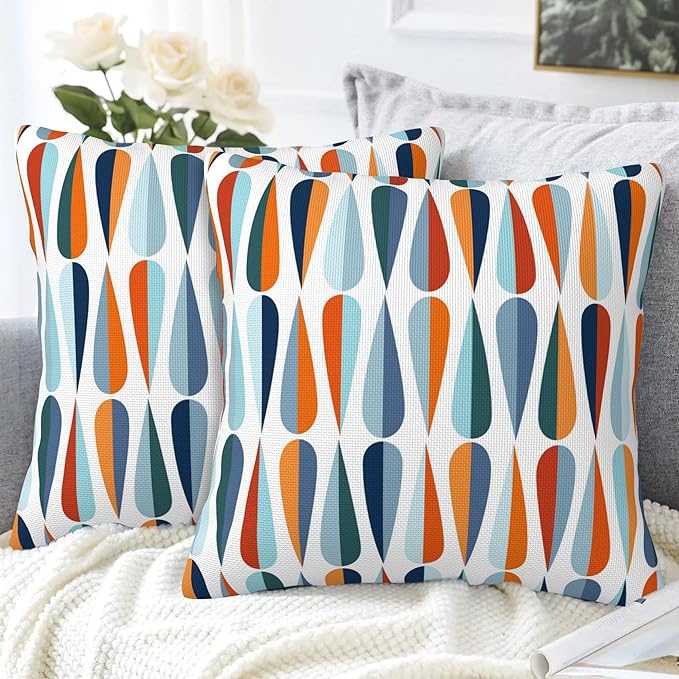 Mid-Century Drop Shapes Throw Pillow Cover Case Modern Retro Style Throw Pillows Set of 2 Super Soft Pillow Covers 16x16 Inches Farmhouse Home Decor for Living Room Bedroom Sofa Couch Cushion Cover