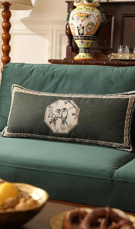 ISAENNE Design Linen Chinoiserie Lumbar Throw Pillow Covers 12"x28", Farmhouse Cushion Covers with Yellow Floral Birds Pattern Decoration Pillowcases for Bed,Living Room,Outdoor,Car
