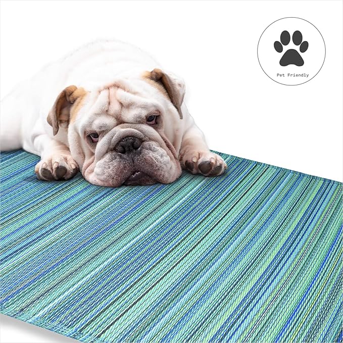 Fab Habitat Outdoor Rug - Waterproof, Fade Resistant, Crease-Free - Premium Recycled Plastic - Striped - Porch, Deck, Balcony, Hallway, Poolside - Cancun - Turquoise & Moss Green - 2.5 x 8 ft Runner
