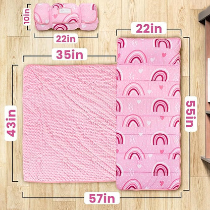 Toddler Nap Mat with Pillow and Minky Blanket, Large 55"x35" Sleeping Bag, Washable, Lightweight, Easy to Roll, Perfect for Preschool, Daycare, Kindergarten, Travel, Boys and Girls(Rainbow)