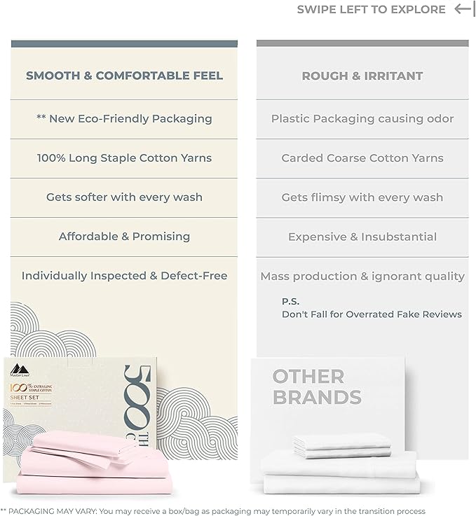 Mayfair Linen 100% Cotton Bed Sheets Queen Set - 500 Thread Count Cotton Sheets for Queen Size Bed, 4 PC Set (Blush), Ultra Soft, Cooling, Sateen Weave 16" Deep Pocket Bedsheet for Hot Sleepers