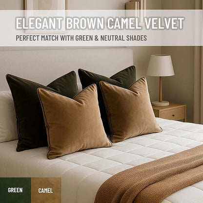 2 Pack Velvet Decorative Throw Pillow Covers, 20"x20", Camel and Brown, Solid, Modern, Contrast Piping, Indoor Use, Bedroom & Living Room