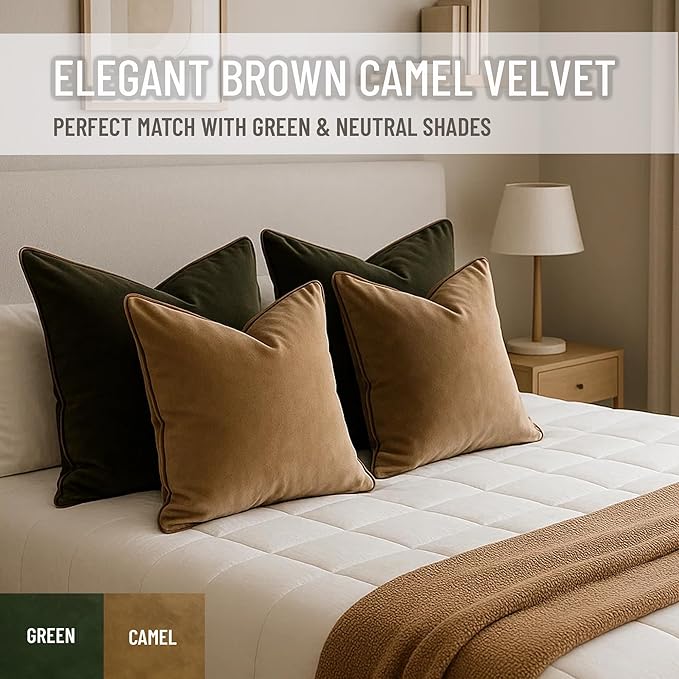2 Pack Velvet Decorative Throw Pillow Covers, 12"x20", Beige and Brown, Solid, Modern, Contrast Piping, Indoor Use, Bedroom & Living Room