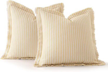 MIULEE Pack of 2 Yellow Pillow Covers 26x26 Inch Striped Farmhouse Couch Throw Pillow Covers with Fringe Chic Cotton Decorative Cushion Covers for Summer Sofa Living Room Bed Outdoor Home Decor