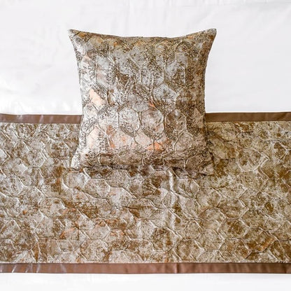 The HomeCentric King/Queen/Twin Copper Designer Queen 74"x18" Bed Runner with 2 Pillow Cover, Beaded & Foil Bed Scarf on Silk Fabric - Aranka