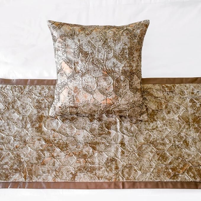 The HomeCentric King/Queen/Twin Copper Designer King 90"x18" Bed Runner with 2 Pillow Cover, Beaded & Foil Bed Scarf on Silk Fabric - Aranka