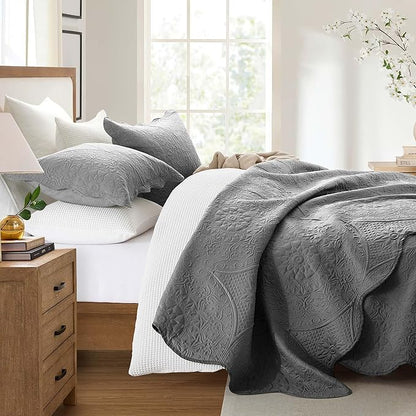 IR Imperial Rooms 8 Pack Quilt King Size Bedding (106" x 96") - Bulk Wholesale for Hotels, Guest Bedroom & Airbnbs - Lightweight Microfiber Reversible Floral Embossed Quilts Bedspreads (Grey)